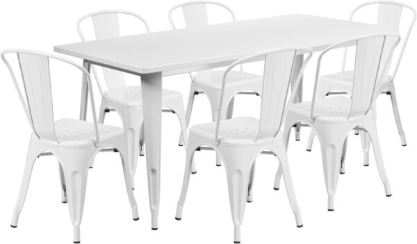 Wholesale 31.5'' x 63'' Rectangular White Metal Indoor-Outdoor Table Set with 6 Stack Chairs