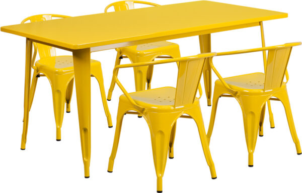 Wholesale 31.5'' x 63'' Rectangular Yellow Metal Indoor-Outdoor Table Set with 4 Arm Chairs