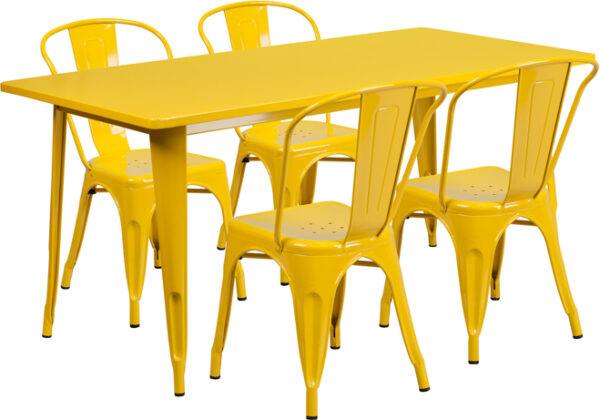 Wholesale 31.5'' x 63'' Rectangular Yellow Metal Indoor-Outdoor Table Set with 4 Stack Chairs