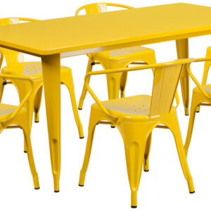 Wholesale 31.5'' x 63'' Rectangular Yellow Metal Indoor-Outdoor Table Set with 6 Arm Chairs