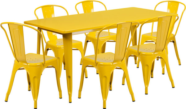 Wholesale 31.5'' x 63'' Rectangular Yellow Metal Indoor-Outdoor Table Set with 6 Stack Chairs