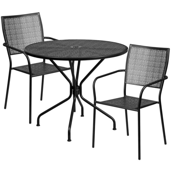 Wholesale 35.25'' Round Black Indoor-Outdoor Steel Patio Table Set with 2 Square Back Chairs