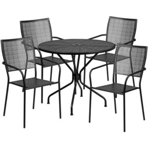 Wholesale 35.25'' Round Black Indoor-Outdoor Steel Patio Table Set with 4 Square Back Chairs