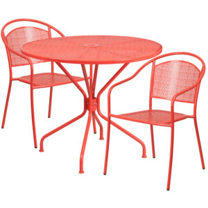 Wholesale 35.25'' Round Coral Indoor-Outdoor Steel Patio Table Set with 2 Round Back Chairs