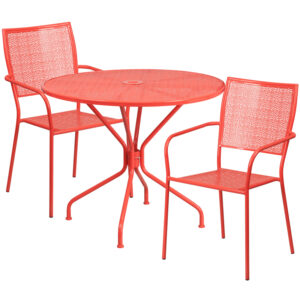 Wholesale 35.25'' Round Coral Indoor-Outdoor Steel Patio Table Set with 2 Square Back Chairs