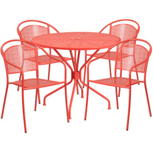 Wholesale 35.25'' Round Coral Indoor-Outdoor Steel Patio Table Set with 4 Round Back Chairs