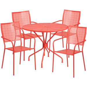 Wholesale 35.25'' Round Coral Indoor-Outdoor Steel Patio Table Set with 4 Square Back Chairs