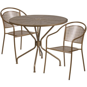Wholesale 35.25'' Round Gold Indoor-Outdoor Steel Patio Table Set with 2 Round Back Chairs