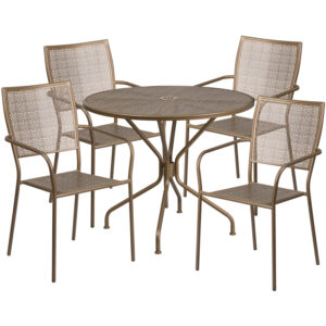 Wholesale 35.25'' Round Gold Indoor-Outdoor Steel Patio Table Set with 4 Square Back Chairs
