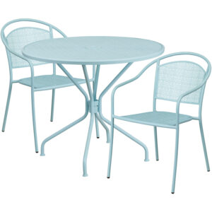 Wholesale 35.25'' Round Sky Blue Indoor-Outdoor Steel Patio Table Set with 2 Round Back Chairs