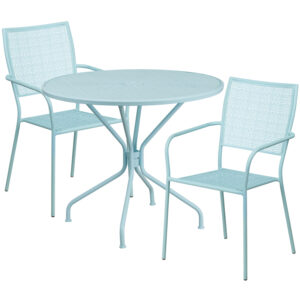 Wholesale 35.25'' Round Sky Blue Indoor-Outdoor Steel Patio Table Set with 2 Square Back Chairs