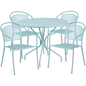 Wholesale 35.25'' Round Sky Blue Indoor-Outdoor Steel Patio Table Set with 4 Round Back Chairs
