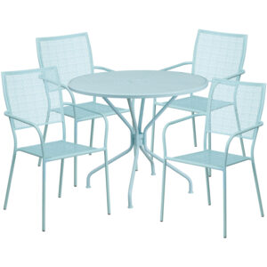 Wholesale 35.25'' Round Sky Blue Indoor-Outdoor Steel Patio Table Set with 4 Square Back Chairs