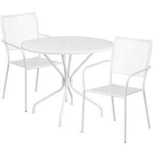 Wholesale 35.25'' Round White Indoor-Outdoor Steel Patio Table Set with 2 Square Back Chairs