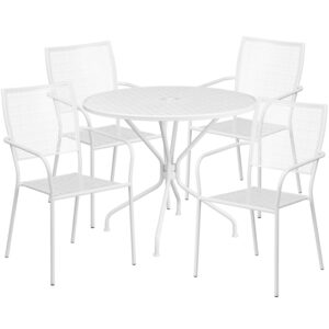Wholesale 35.25'' Round White Indoor-Outdoor Steel Patio Table Set with 4 Square Back Chairs