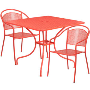 Wholesale 35.5'' Square Coral Indoor-Outdoor Steel Patio Table Set with 2 Round Back Chairs