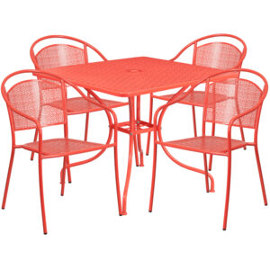 Wholesale 35.5'' Square Coral Indoor-Outdoor Steel Patio Table Set with 4 Round Back Chairs