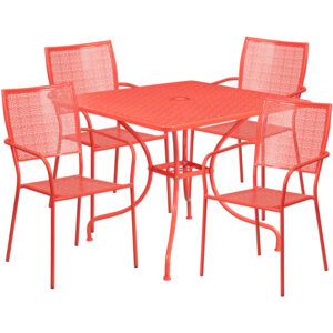 Wholesale 35.5'' Square Coral Indoor-Outdoor Steel Patio Table Set with 4 Square Back Chairs