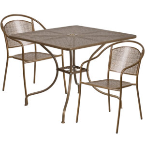 Wholesale 35.5'' Square Gold Indoor-Outdoor Steel Patio Table Set with 2 Round Back Chairs