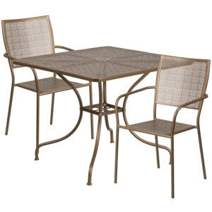 Wholesale 35.5'' Square Gold Indoor-Outdoor Steel Patio Table Set with 2 Square Back Chairs