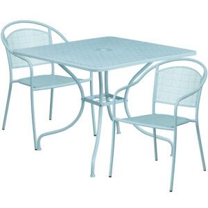 Wholesale 35.5'' Square Sky Blue Indoor-Outdoor Steel Patio Table Set with 2 Round Back Chairs