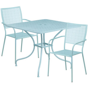Wholesale 35.5'' Square Sky Blue Indoor-Outdoor Steel Patio Table Set with 2 Square Back Chairs
