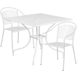 Wholesale 35.5'' Square White Indoor-Outdoor Steel Patio Table Set with 2 Round Back Chairs