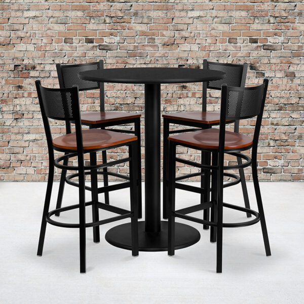 Wholesale 36'' Round Black Laminate Table Set with 4 Grid Back Metal Barstools - Cherry Wood Seat
