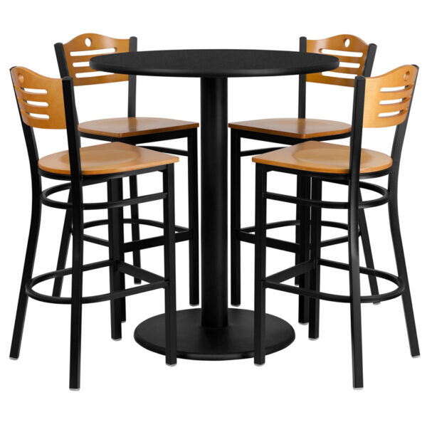 Lowest Price 36'' Round Black Laminate Table Set with 4 Wood Slat Back Metal Barstools - Natural Wood Seat