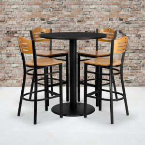 Wholesale 36'' Round Black Laminate Table Set with 4 Wood Slat Back Metal Barstools - Natural Wood Seat