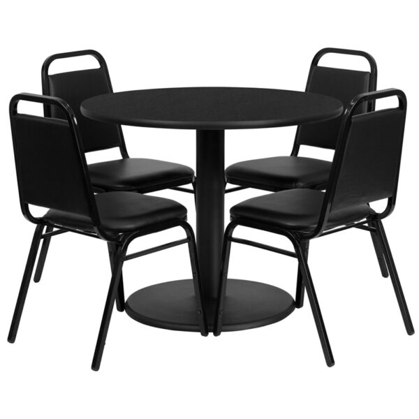 Lowest Price 36'' Round Black Laminate Table Set with Round Base and 4 Black Trapezoidal Back Banquet Chairs