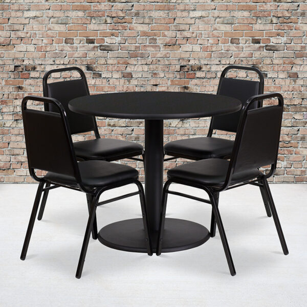 Wholesale 36'' Round Black Laminate Table Set with Round Base and 4 Black Trapezoidal Back Banquet Chairs