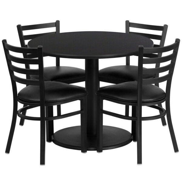 Lowest Price 36'' Round Black Laminate Table Set with Round Base and 4 Ladder Back Metal Chairs - Black Vinyl Seat