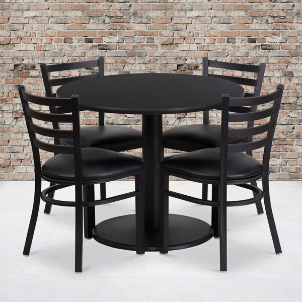 Wholesale 36'' Round Black Laminate Table Set with Round Base and 4 Ladder Back Metal Chairs - Black Vinyl Seat