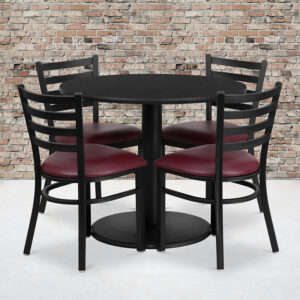 Wholesale 36'' Round Black Laminate Table Set with Round Base and 4 Ladder Back Metal Chairs - Burgundy Vinyl Seat