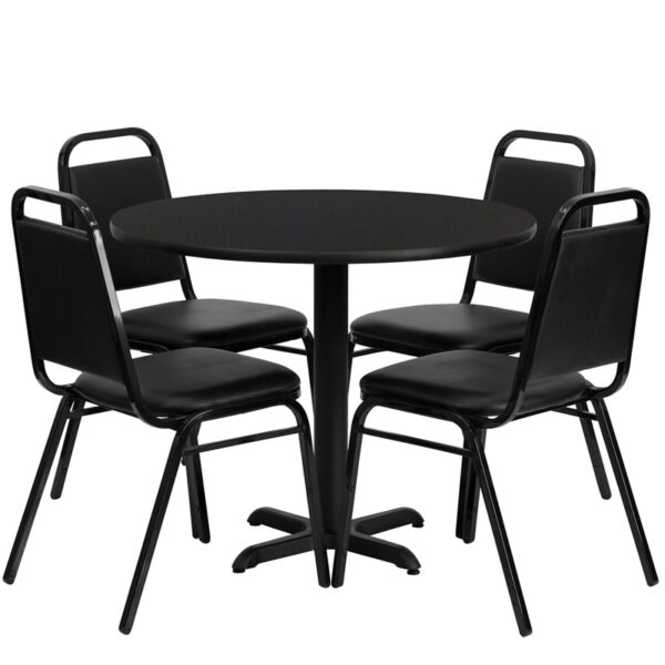 Lowest Price 36'' Round Black Laminate Table Set with X-Base and 4 Black Trapezoidal Back Banquet Chairs