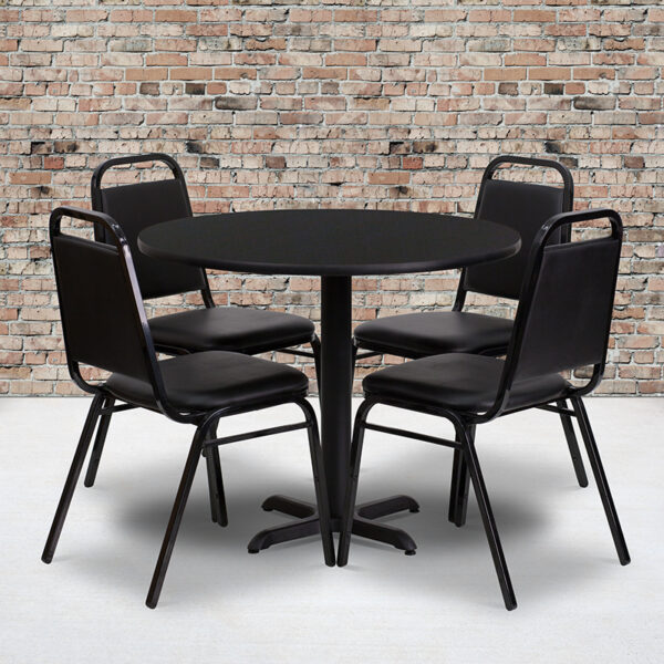 Wholesale 36'' Round Black Laminate Table Set with X-Base and 4 Black Trapezoidal Back Banquet Chairs