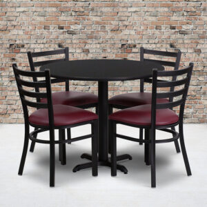 Wholesale 36'' Round Black Laminate Table Set with X-Base and 4 Ladder Back Metal Chairs - Burgundy Vinyl Seat