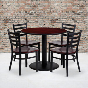 Wholesale 36'' Round Mahogany Laminate Table Set with 4 Ladder Back Metal Chairs - Mahogany Wood Seat