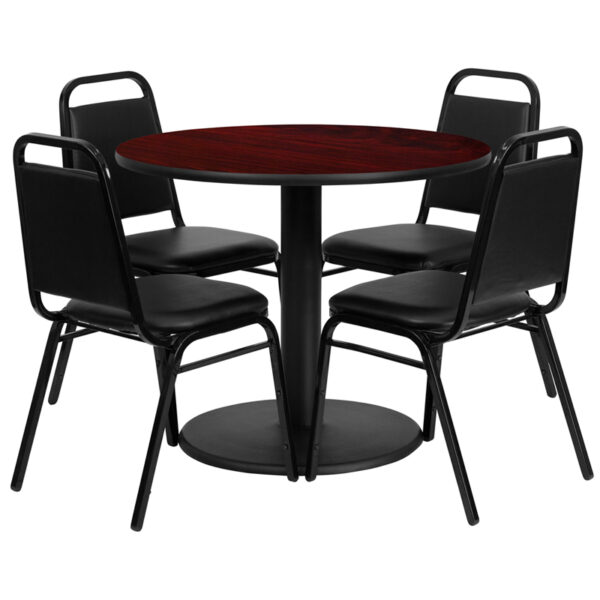 Lowest Price 36'' Round Mahogany Laminate Table Set with Round Base and 4 Black Trapezoidal Back Banquet Chairs