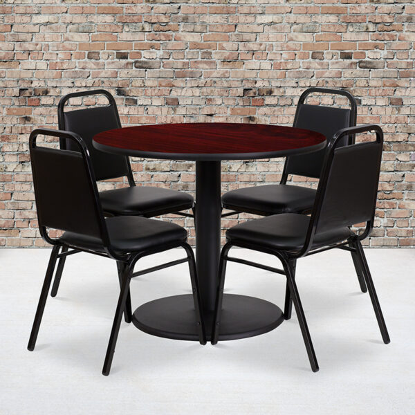 Wholesale 36'' Round Mahogany Laminate Table Set with Round Base and 4 Black Trapezoidal Back Banquet Chairs