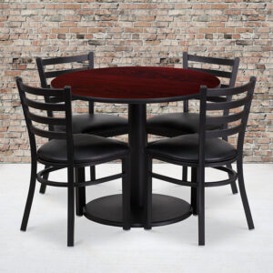 Wholesale 36'' Round Mahogany Laminate Table Set with Round Base and 4 Ladder Back Metal Chairs - Black Vinyl Seat