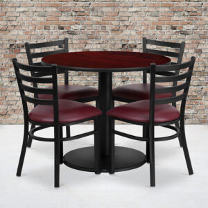Wholesale 36'' Round Mahogany Laminate Table Set with Round Base and 4 Ladder Back Metal Chairs - Burgundy Vinyl Seat