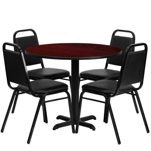 Lowest Price 36'' Round Mahogany Laminate Table Set with X-Base and 4 Black Trapezoidal Back Banquet Chairs
