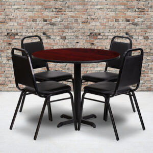 Wholesale 36'' Round Mahogany Laminate Table Set with X-Base and 4 Black Trapezoidal Back Banquet Chairs