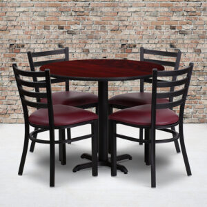 Wholesale 36'' Round Mahogany Laminate Table Set with X-Base and 4 Ladder Back Metal Chairs - Burgundy Vinyl Seat