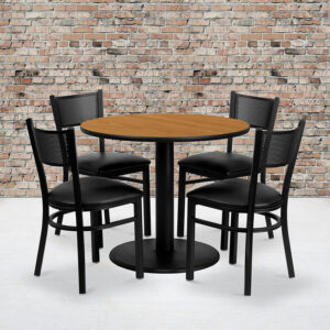 Wholesale 36'' Round Natural Laminate Table Set with 4 Grid Back Metal Chairs - Black Vinyl Seat