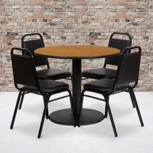 Wholesale 36'' Round Natural Laminate Table Set with Round Base and 4 Black Trapezoidal Back Banquet Chairs