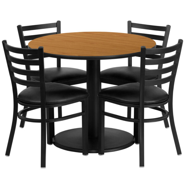 Lowest Price 36'' Round Natural Laminate Table Set with Round Base and 4 Ladder Back Metal Chairs - Black Vinyl Seat