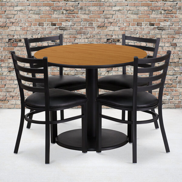 Wholesale 36'' Round Natural Laminate Table Set with Round Base and 4 Ladder Back Metal Chairs - Black Vinyl Seat